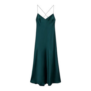 Zara Sz S Satin Effect Draped Emerald Green Midi Slip Dress Bloggers Favourite